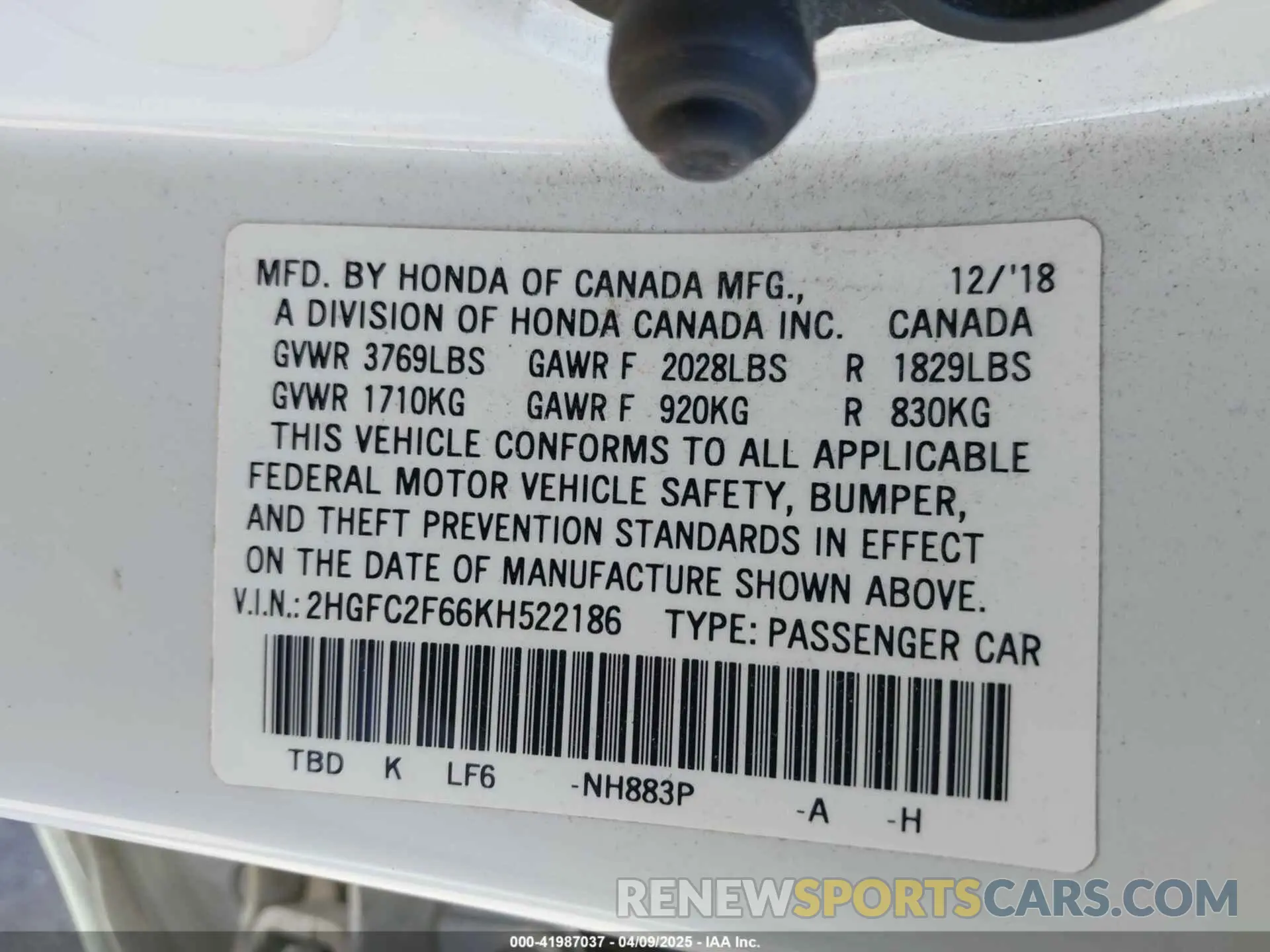 9 Photograph of a damaged car 2HGFC2F66KH522186 HONDA CIVIC 2019