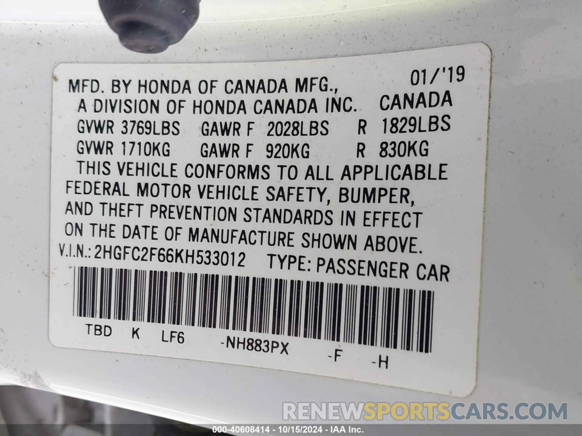 9 Photograph of a damaged car 2HGFC2F66KH533012 HONDA CIVIC 2019