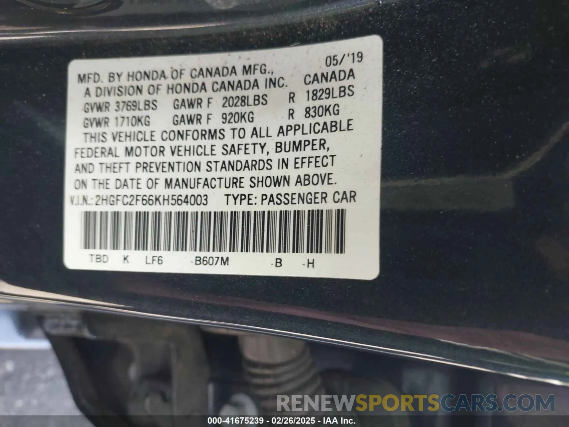 9 Photograph of a damaged car 2HGFC2F66KH564003 HONDA CIVIC 2019
