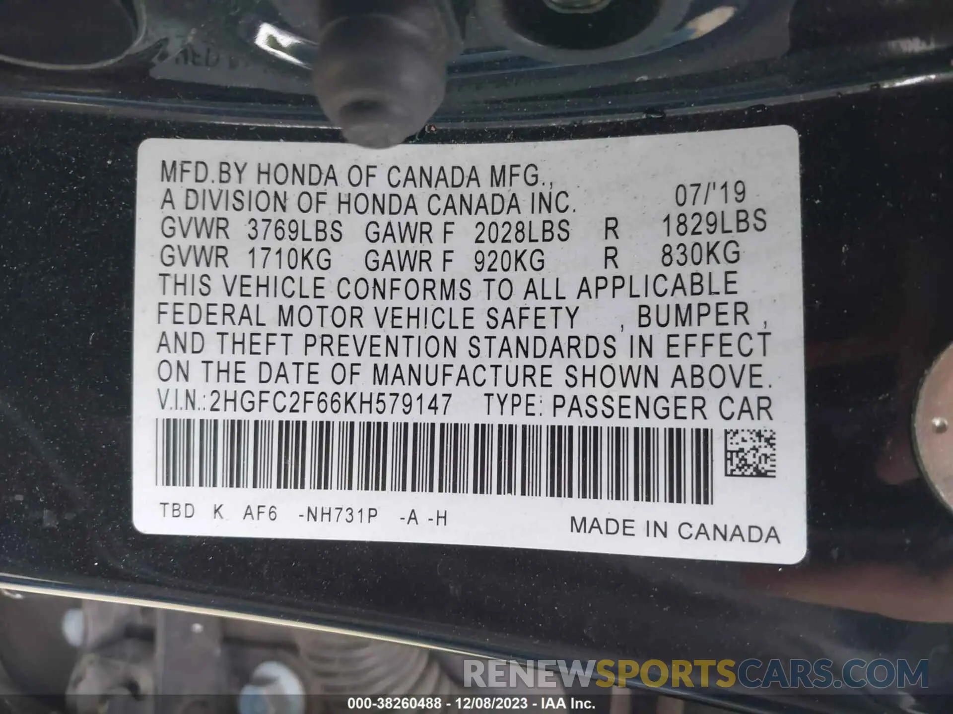 9 Photograph of a damaged car 2HGFC2F66KH579147 HONDA CIVIC 2019
