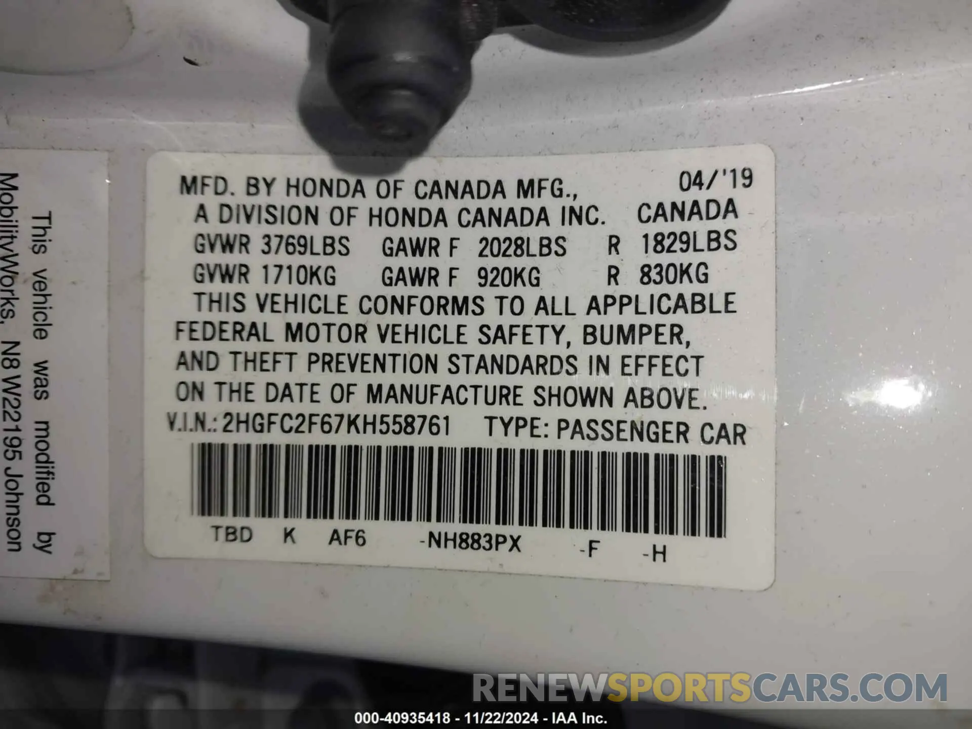 9 Photograph of a damaged car 2HGFC2F67KH558761 HONDA CIVIC 2019