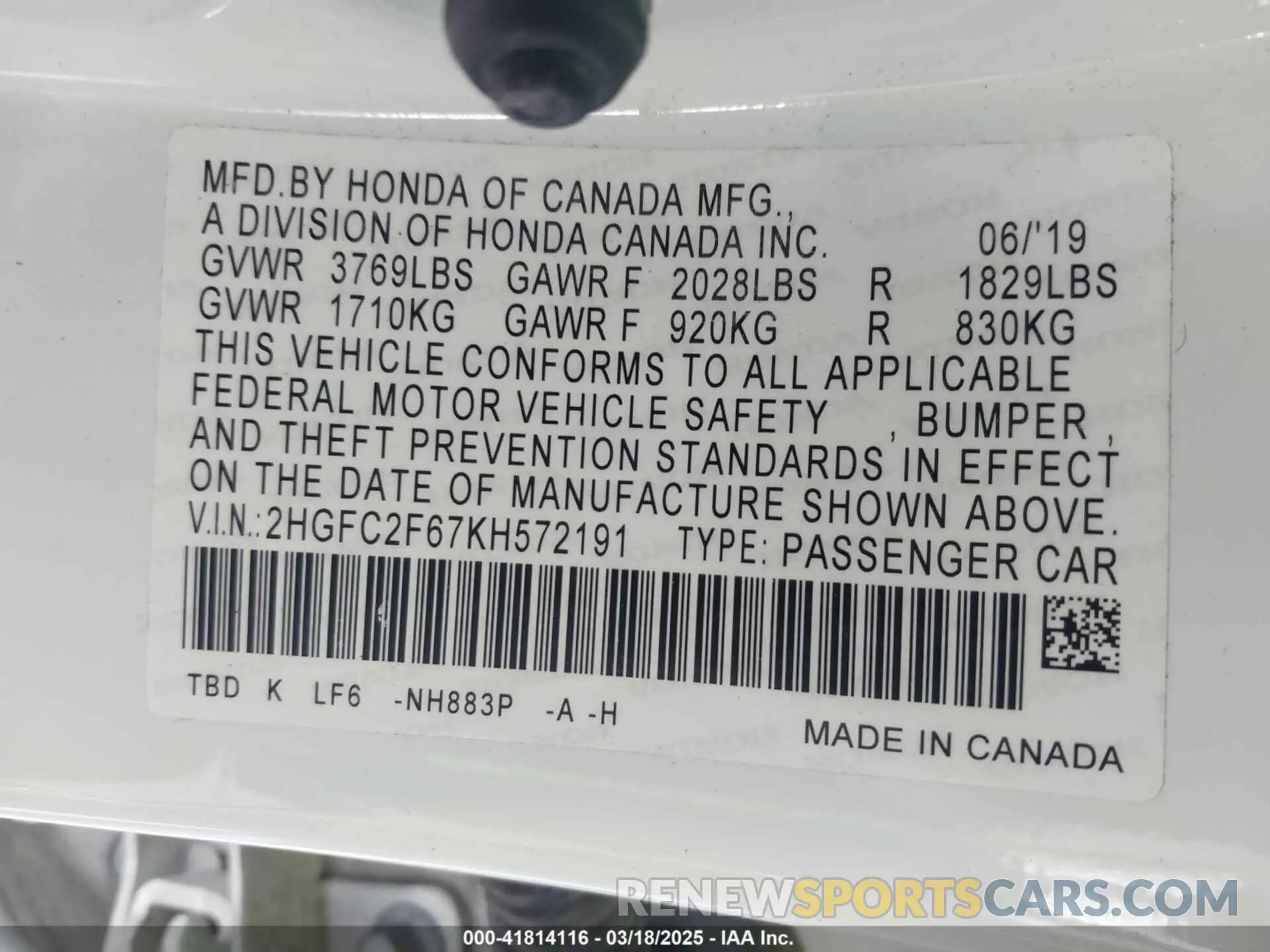 9 Photograph of a damaged car 2HGFC2F67KH572191 HONDA CIVIC 2019