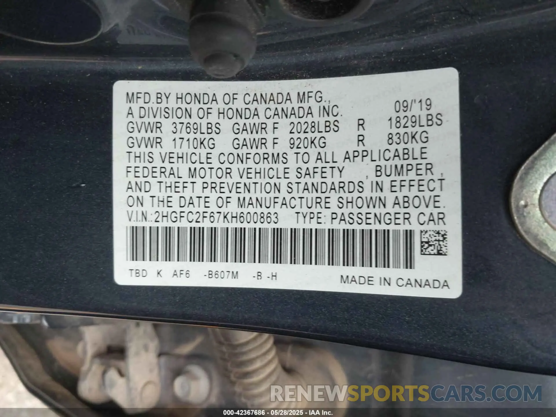 9 Photograph of a damaged car 2HGFC2F67KH600863 HONDA CIVIC 2019