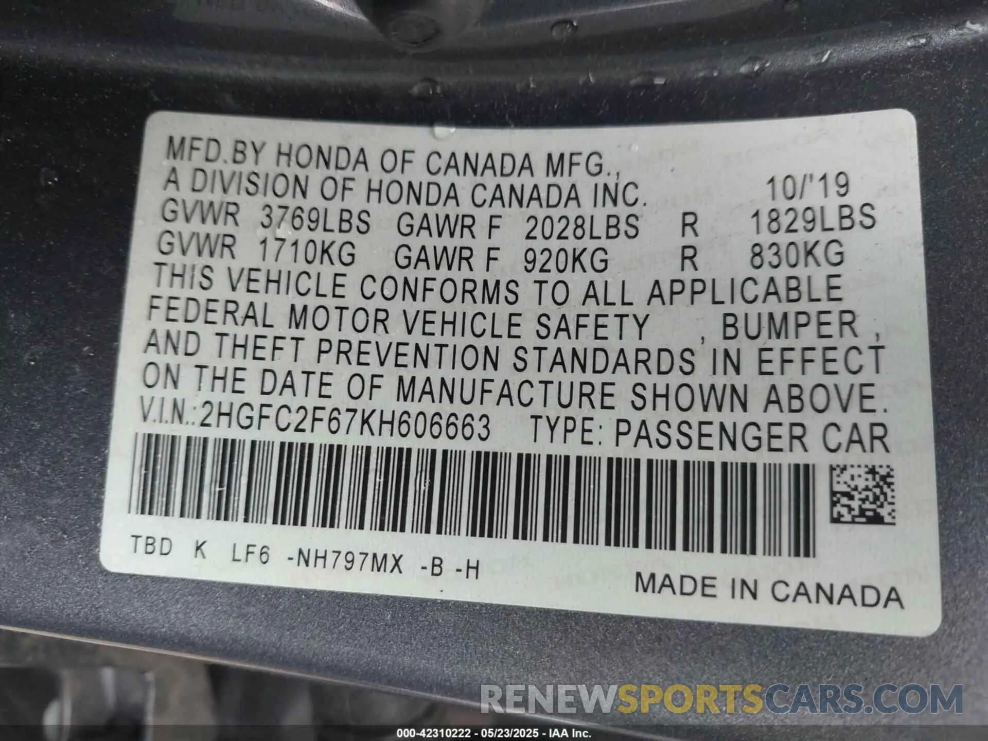 9 Photograph of a damaged car 2HGFC2F67KH606663 HONDA CIVIC 2019