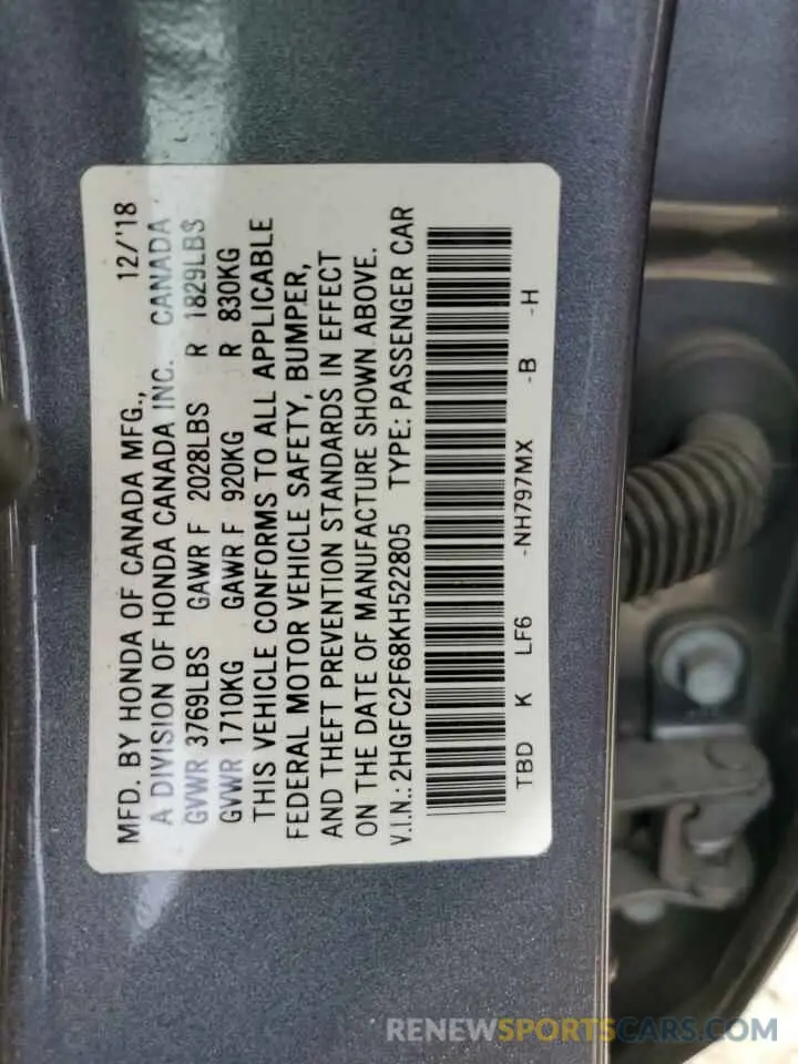 13 Photograph of a damaged car 2HGFC2F68KH522805 HONDA CIVIC 2019