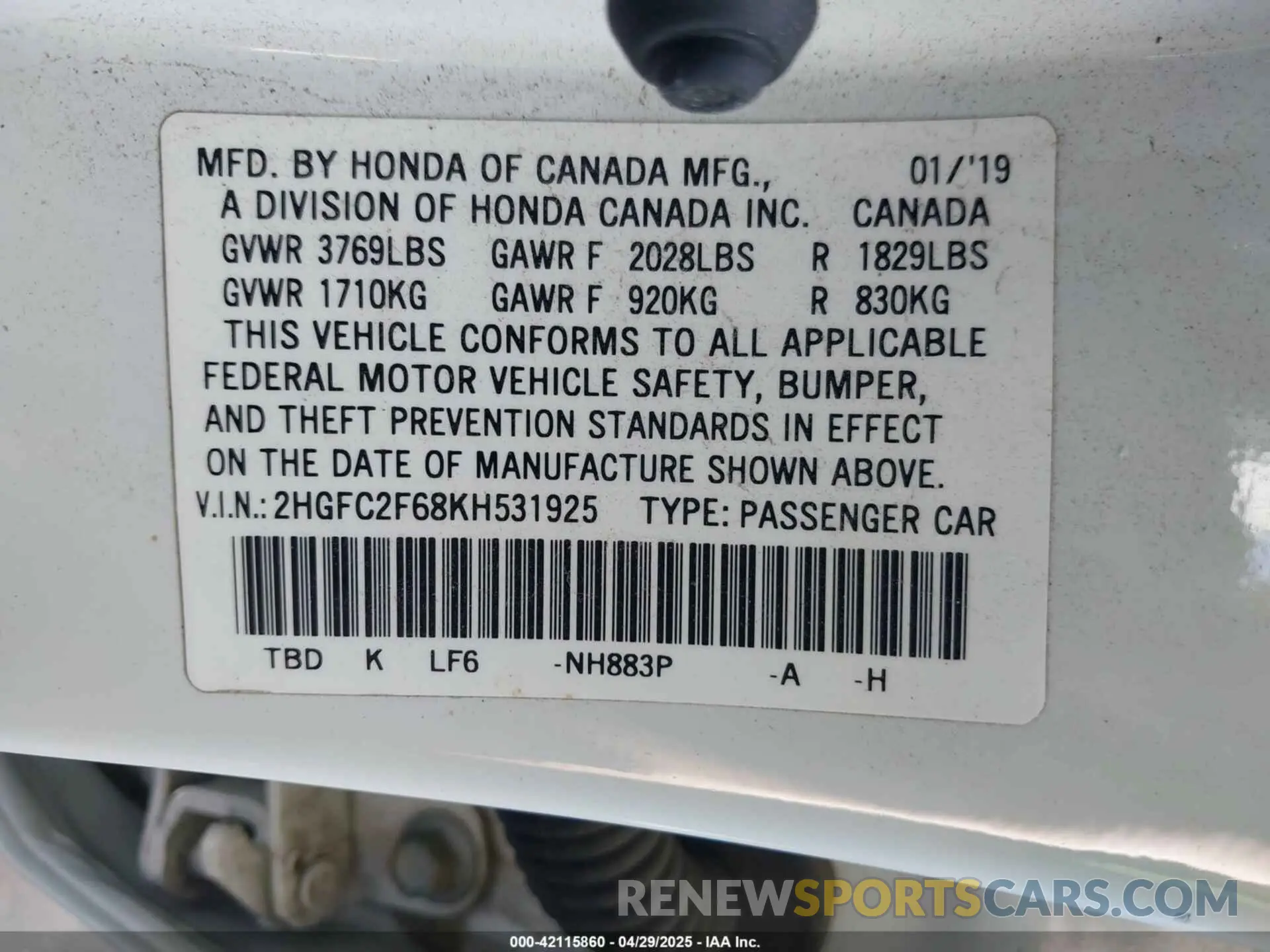 9 Photograph of a damaged car 2HGFC2F68KH531925 HONDA CIVIC 2019