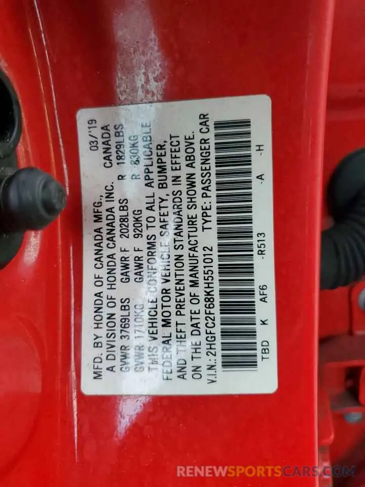 14 Photograph of a damaged car 2HGFC2F68KH551012 HONDA CIVIC 2019