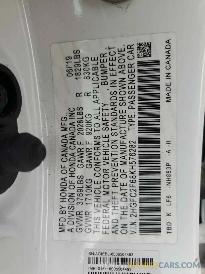 13 Photograph of a damaged car 2HGFC2F68KH576282 HONDA CIVIC 2019