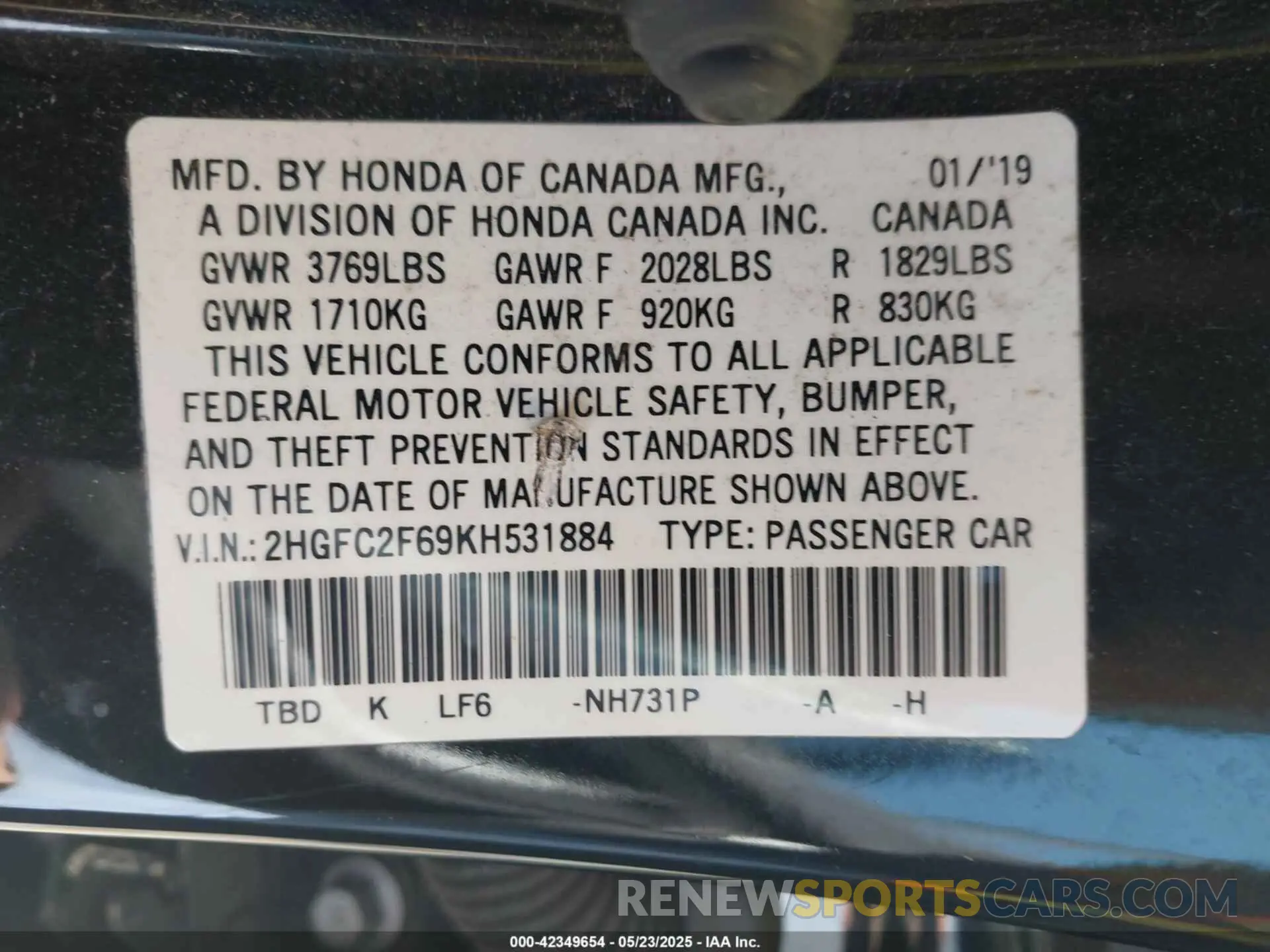 9 Photograph of a damaged car 2HGFC2F69KH531884 HONDA CIVIC 2019