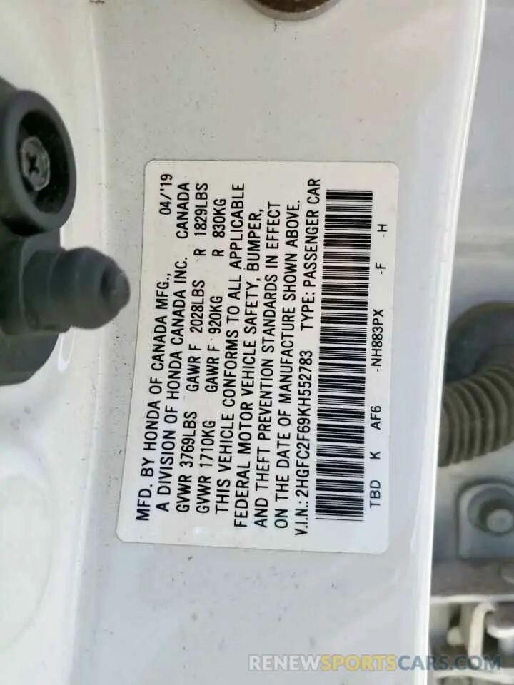 13 Photograph of a damaged car 2HGFC2F69KH552783 HONDA CIVIC 2019