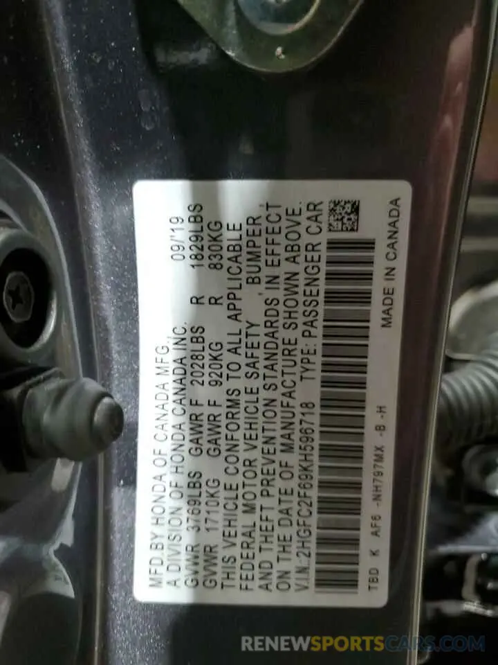 12 Photograph of a damaged car 2HGFC2F69KH596718 HONDA CIVIC 2019