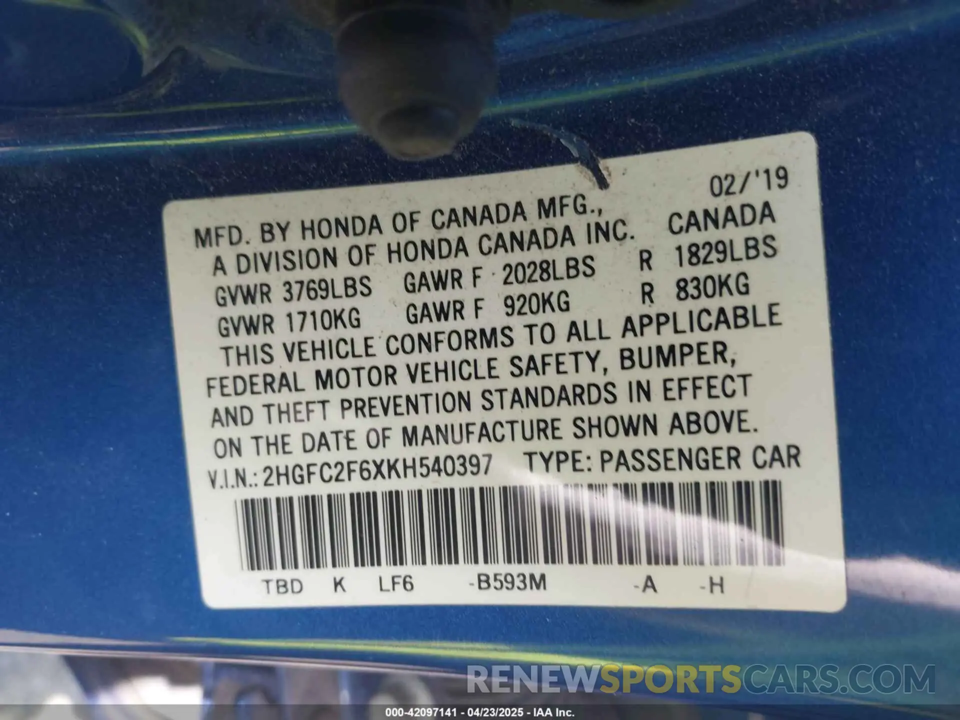 9 Photograph of a damaged car 2HGFC2F6XKH540397 HONDA CIVIC 2019