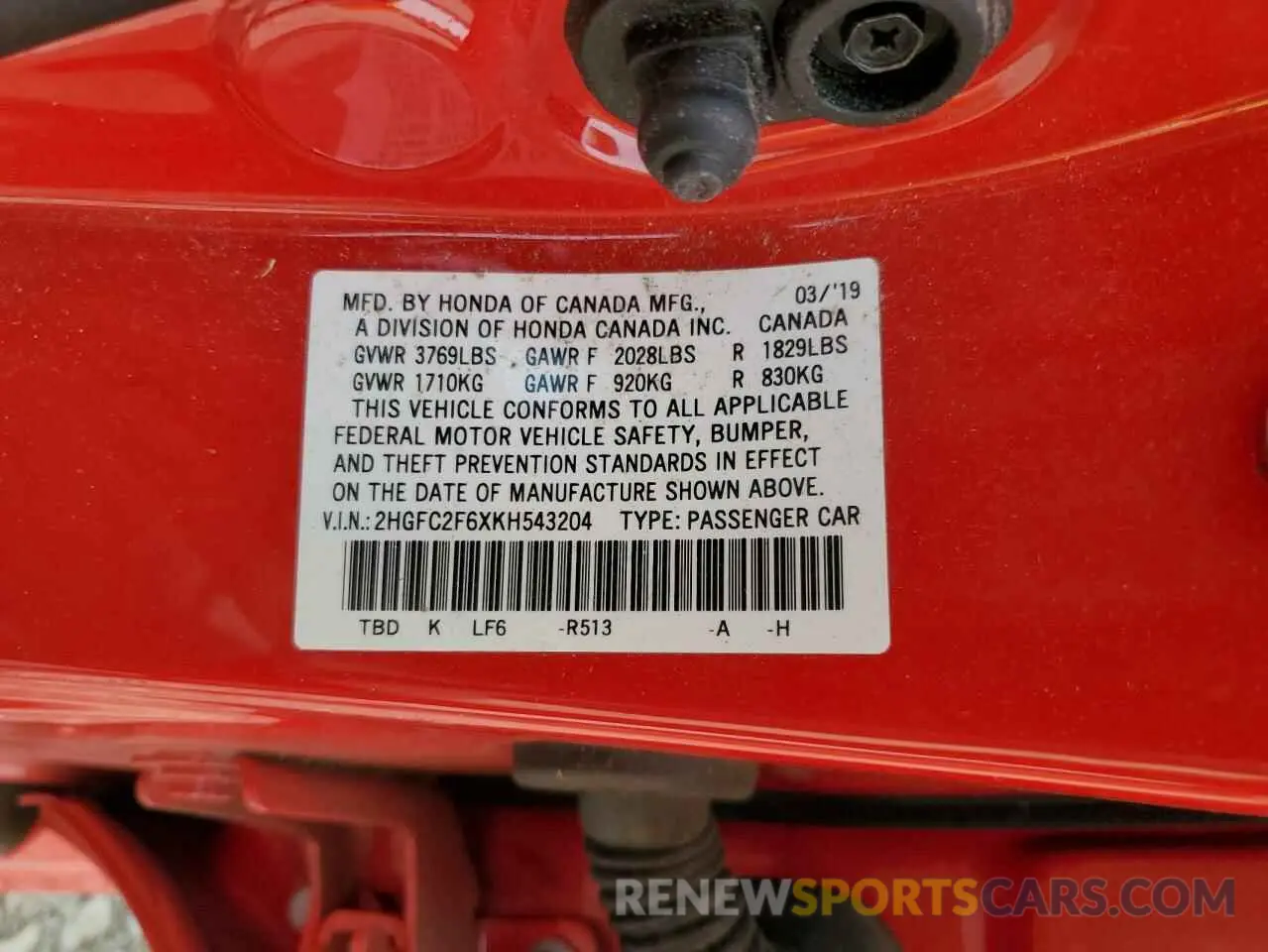 13 Photograph of a damaged car 2HGFC2F6XKH543204 HONDA CIVIC 2019