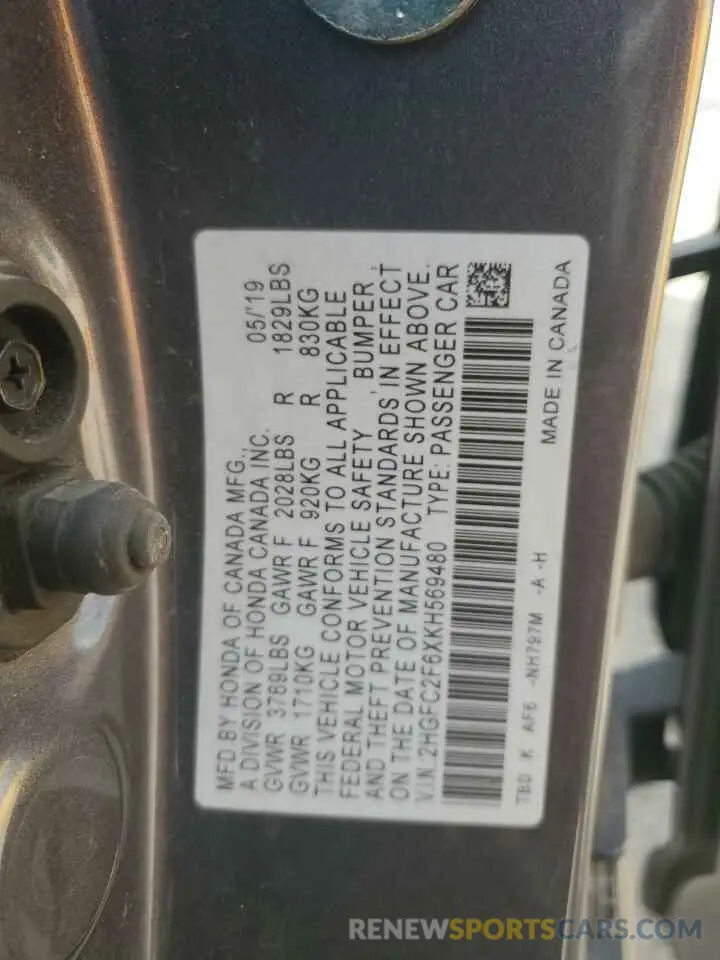 13 Photograph of a damaged car 2HGFC2F6XKH569480 HONDA CIVIC 2019