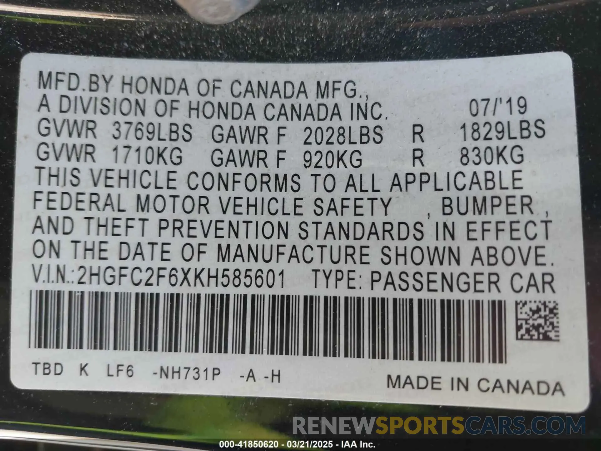 9 Photograph of a damaged car 2HGFC2F6XKH585601 HONDA CIVIC 2019