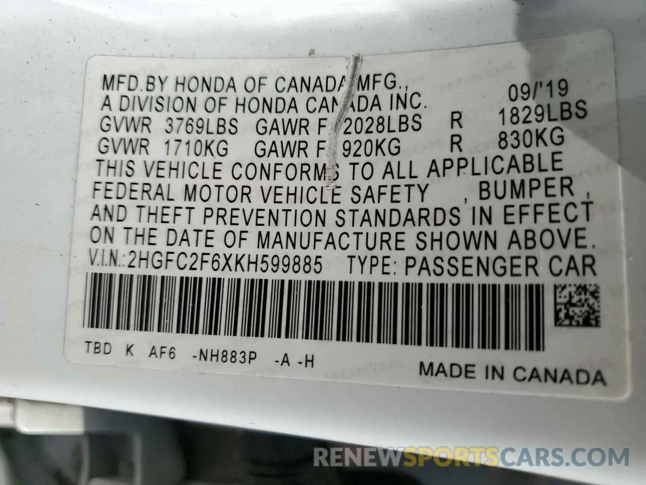 13 Photograph of a damaged car 2HGFC2F6XKH599885 HONDA CIVIC 2019