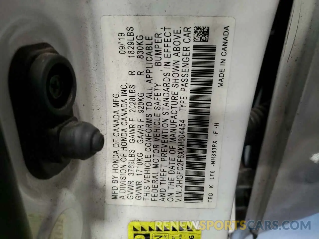 12 Photograph of a damaged car 2HGFC2F6XKH604454 HONDA CIVIC 2019
