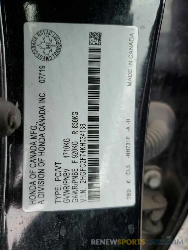 13 Photograph of a damaged car 2HGFC2F74KH034136 HONDA CIVIC 2019