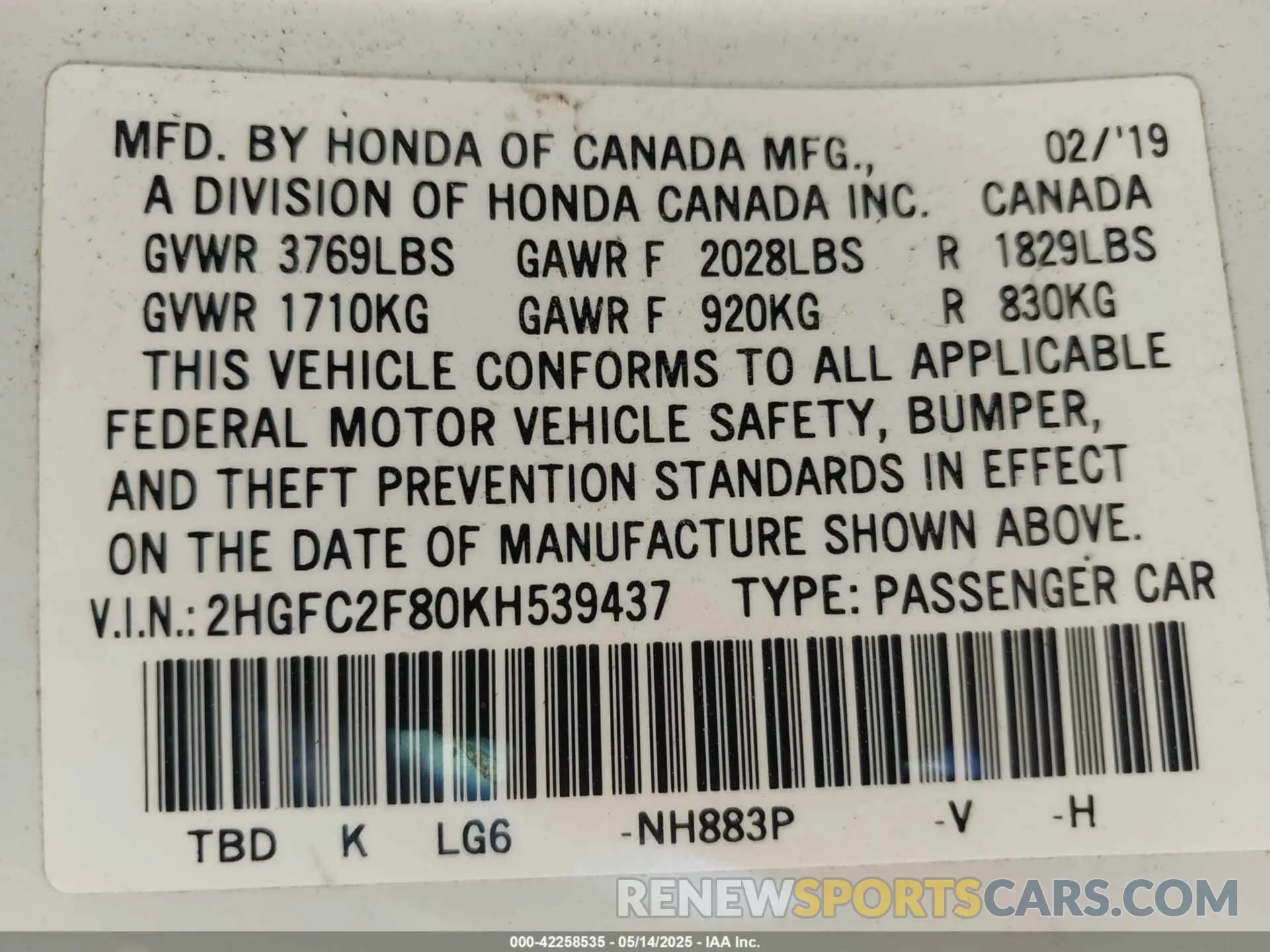9 Photograph of a damaged car 2HGFC2F80KH539437 HONDA CIVIC 2019