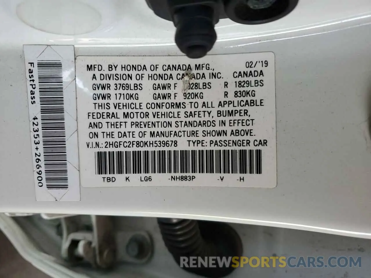 12 Photograph of a damaged car 2HGFC2F80KH539678 HONDA CIVIC 2019