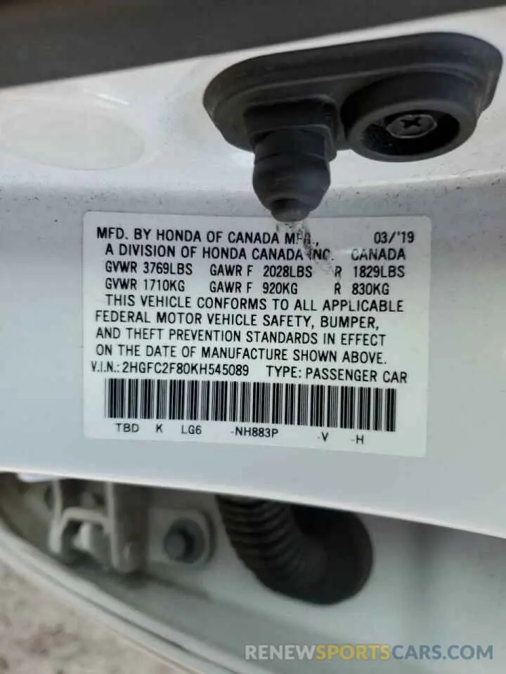13 Photograph of a damaged car 2HGFC2F80KH545089 HONDA CIVIC 2019