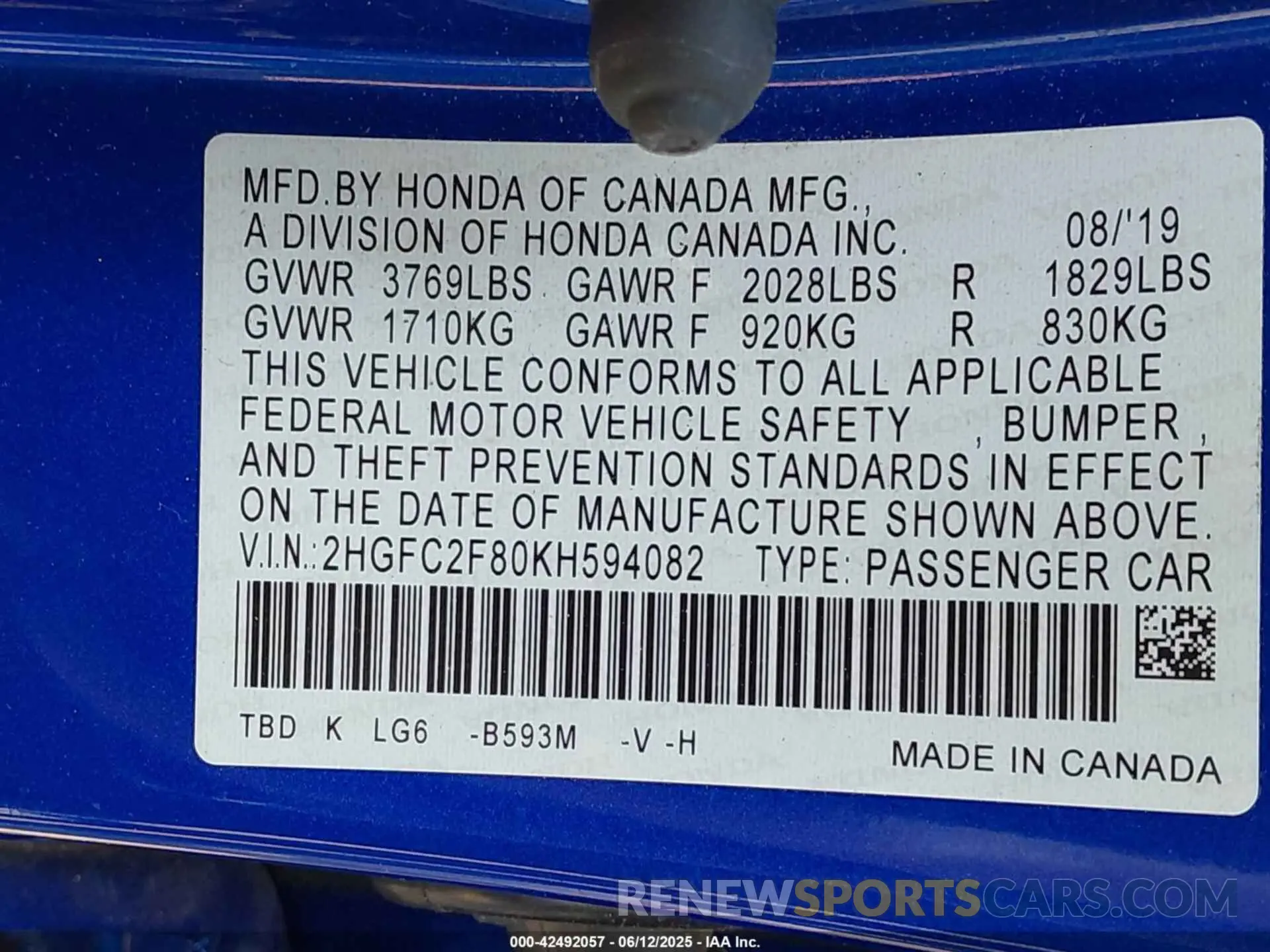 9 Photograph of a damaged car 2HGFC2F80KH594082 HONDA CIVIC 2019