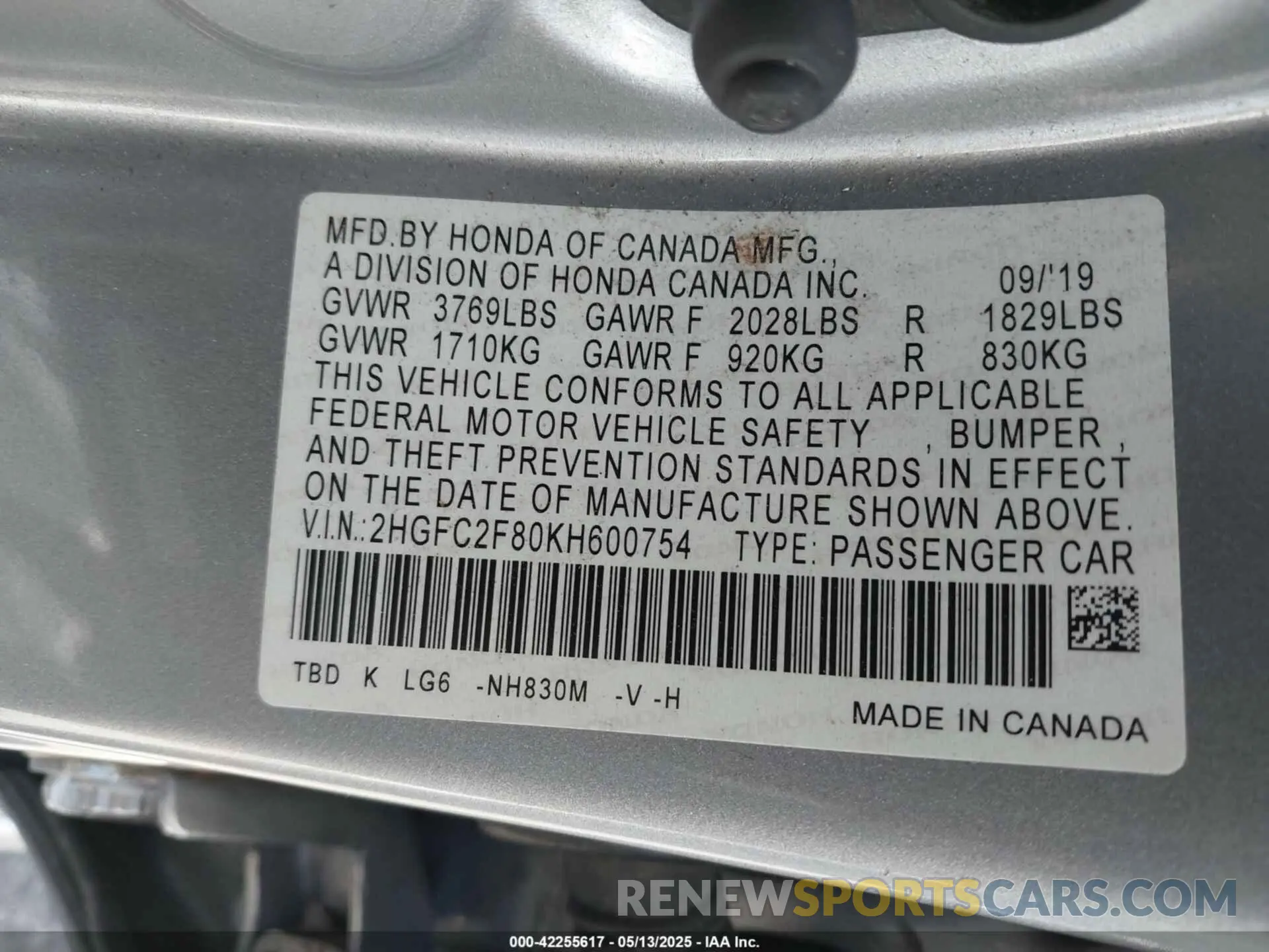 9 Photograph of a damaged car 2HGFC2F80KH600754 HONDA CIVIC 2019
