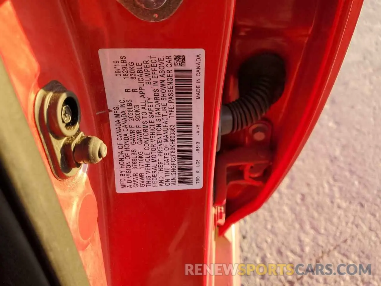12 Photograph of a damaged car 2HGFC2F80KH603363 HONDA CIVIC 2019