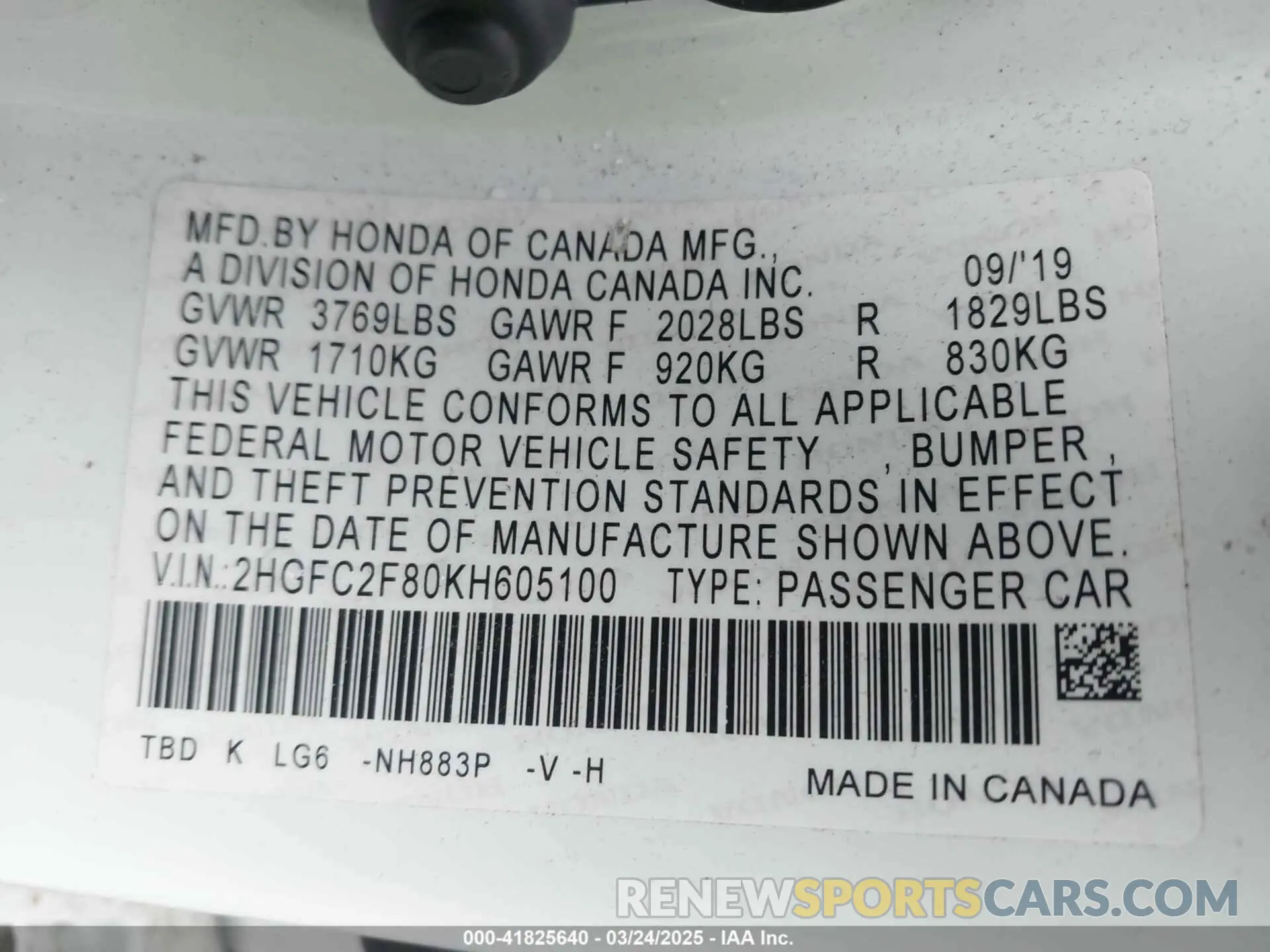 9 Photograph of a damaged car 2HGFC2F80KH605100 HONDA CIVIC 2019