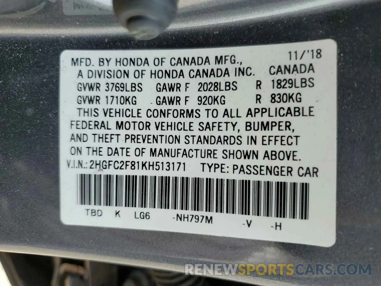 12 Photograph of a damaged car 2HGFC2F81KH513171 HONDA CIVIC 2019