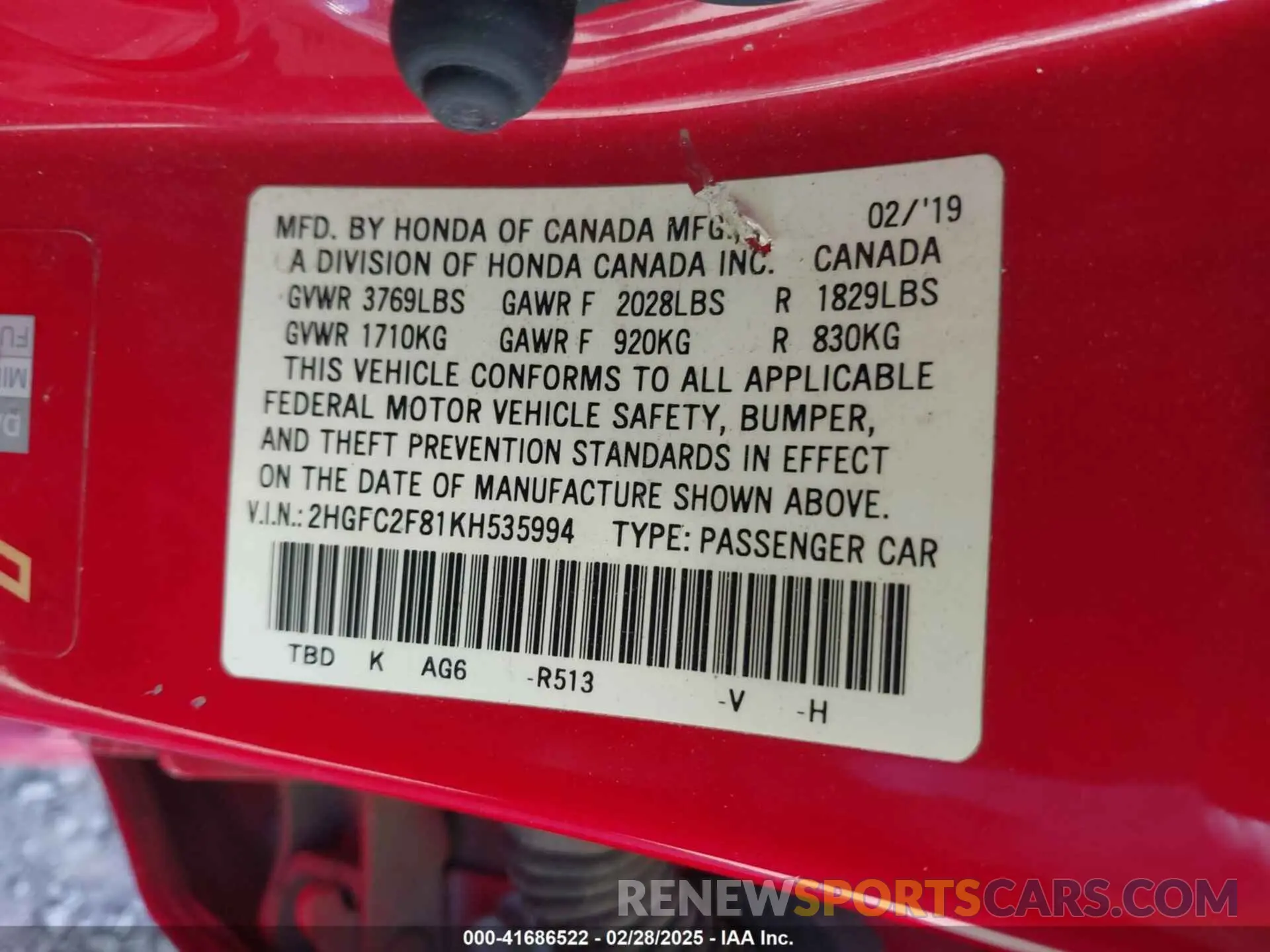 9 Photograph of a damaged car 2HGFC2F81KH535994 HONDA CIVIC 2019