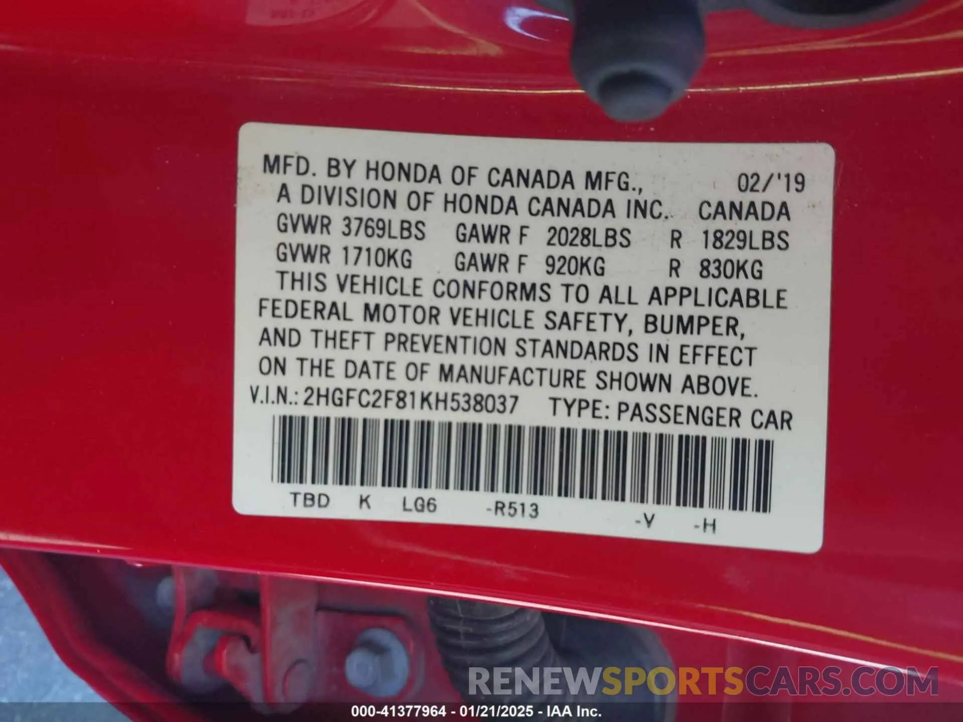 9 Photograph of a damaged car 2HGFC2F81KH538037 HONDA CIVIC 2019