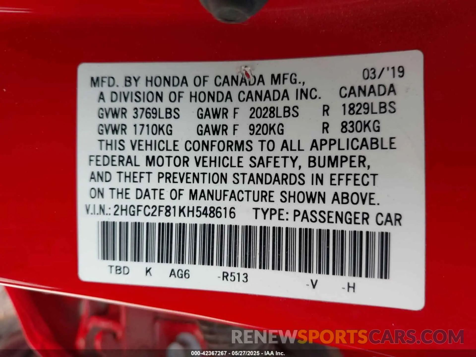 9 Photograph of a damaged car 2HGFC2F81KH548616 HONDA CIVIC 2019