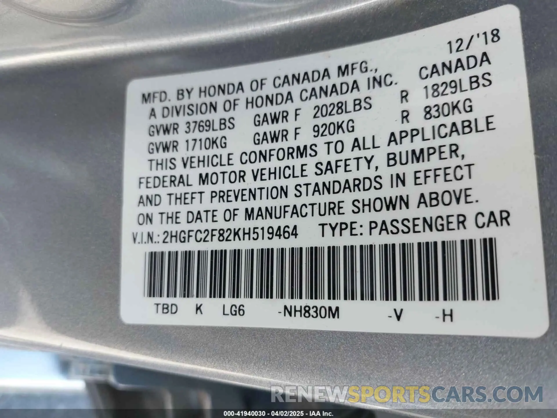 9 Photograph of a damaged car 2HGFC2F82KH519464 HONDA CIVIC 2019