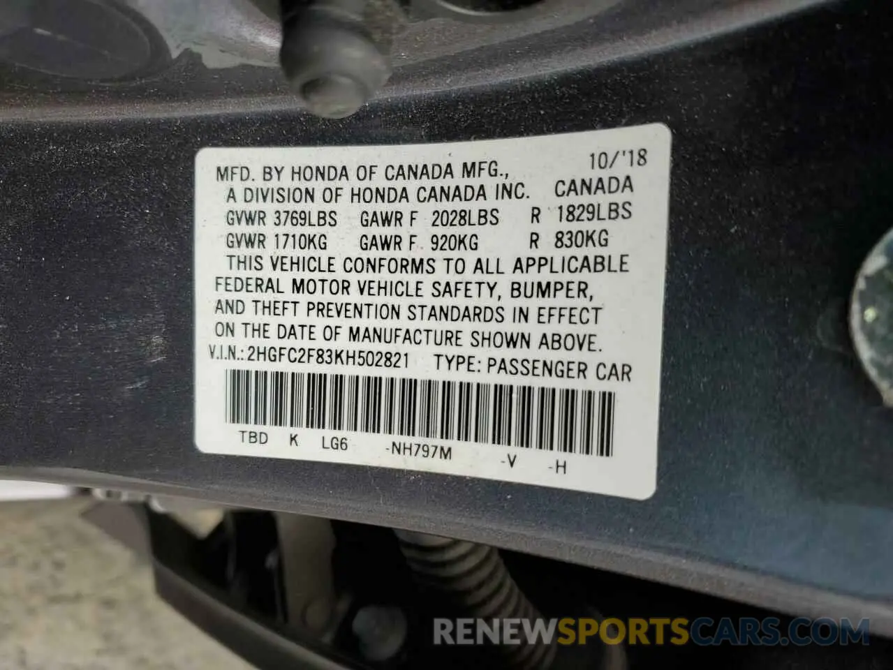 13 Photograph of a damaged car 2HGFC2F83KH502821 HONDA CIVIC 2019