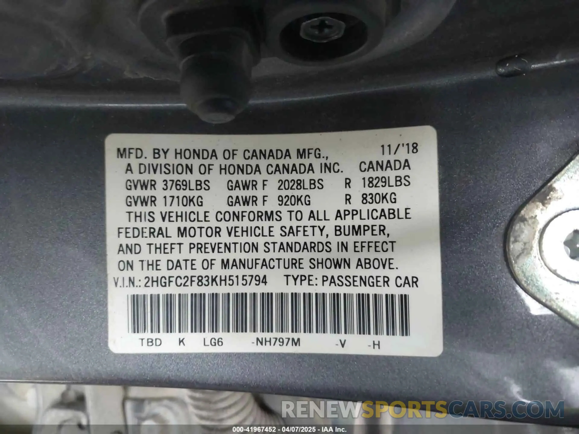 9 Photograph of a damaged car 2HGFC2F83KH515794 HONDA CIVIC 2019