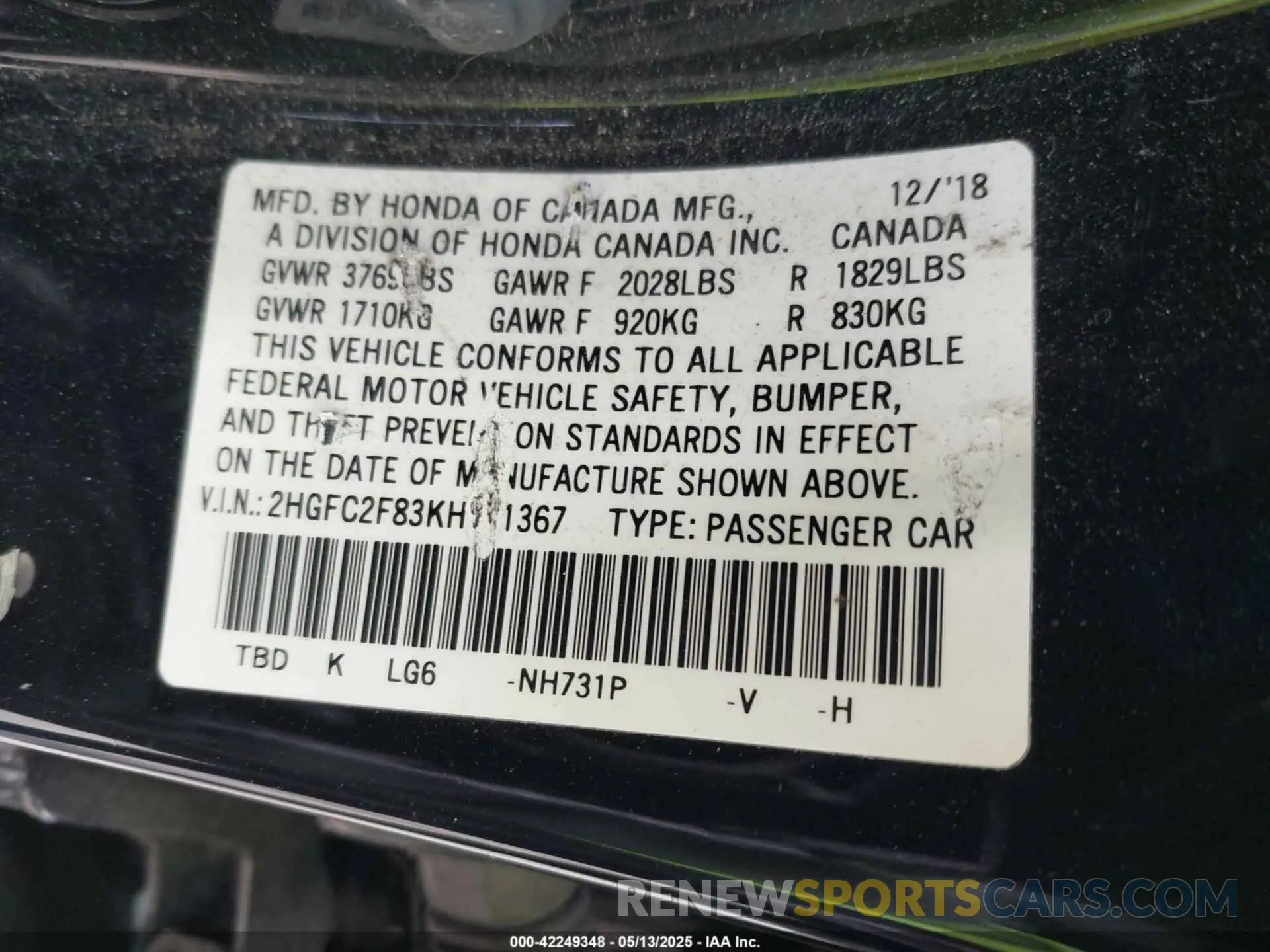 9 Photograph of a damaged car 2HGFC2F83KH521367 HONDA CIVIC 2019