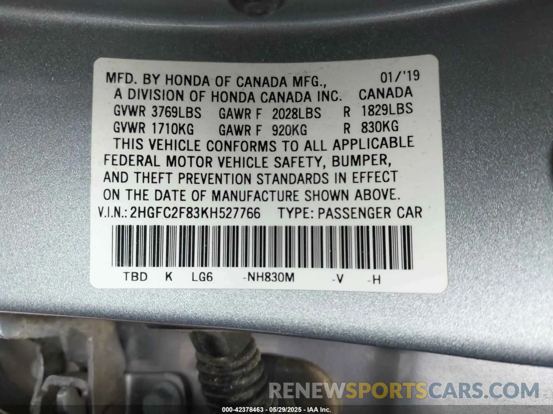 9 Photograph of a damaged car 2HGFC2F83KH527766 HONDA CIVIC 2019