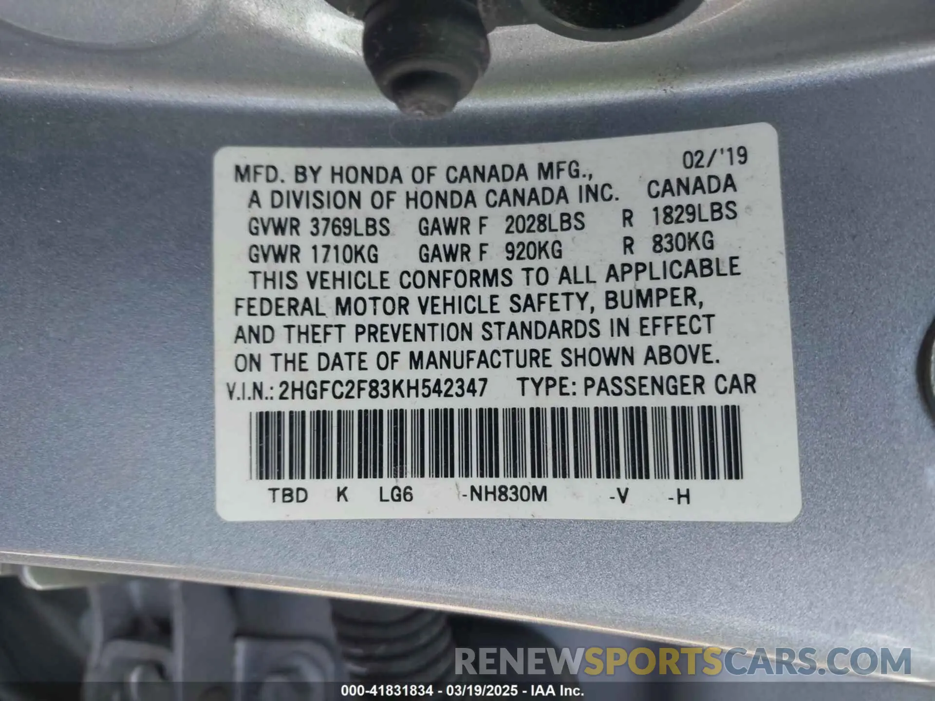 9 Photograph of a damaged car 2HGFC2F83KH542347 HONDA CIVIC 2019