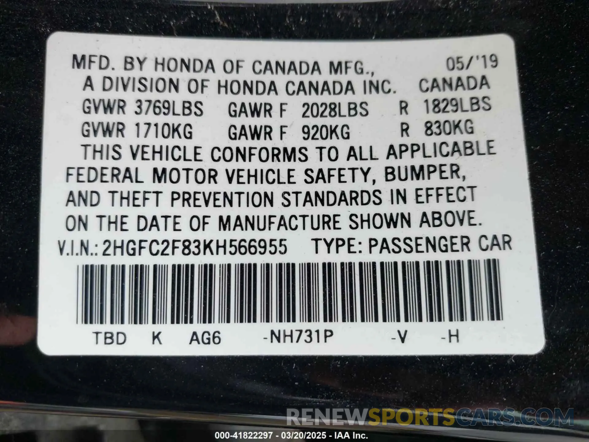 9 Photograph of a damaged car 2HGFC2F83KH566955 HONDA CIVIC 2019