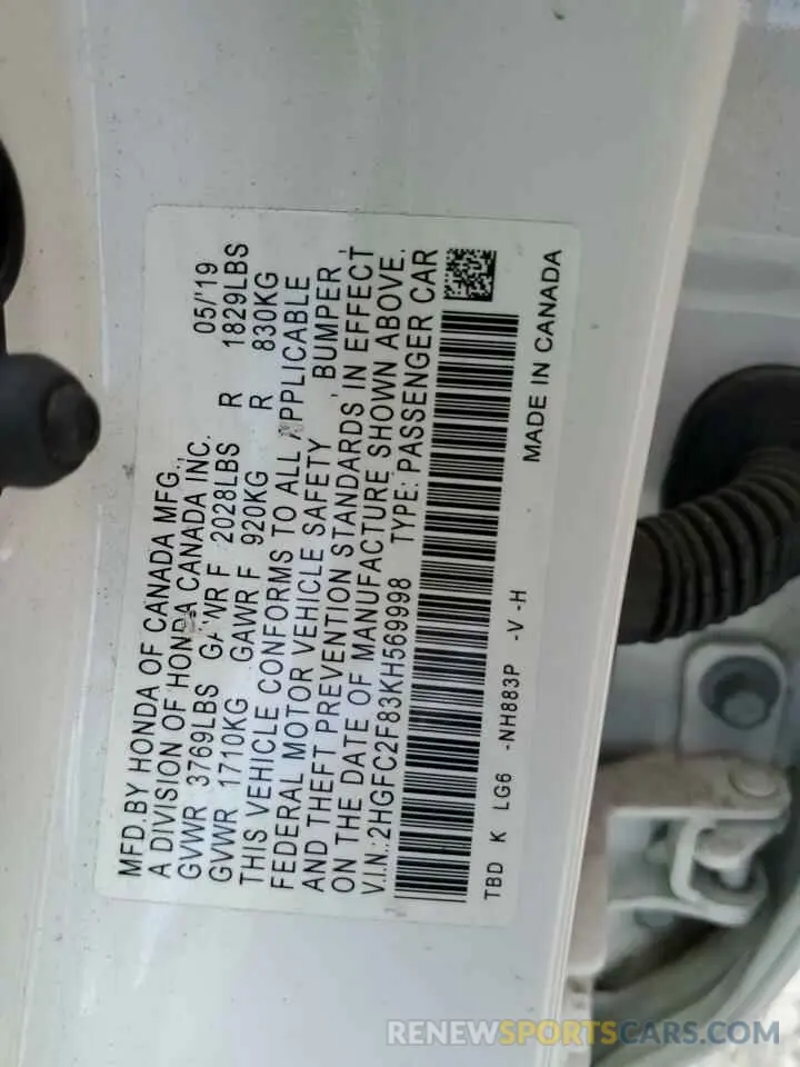 13 Photograph of a damaged car 2HGFC2F83KH569998 HONDA CIVIC 2019
