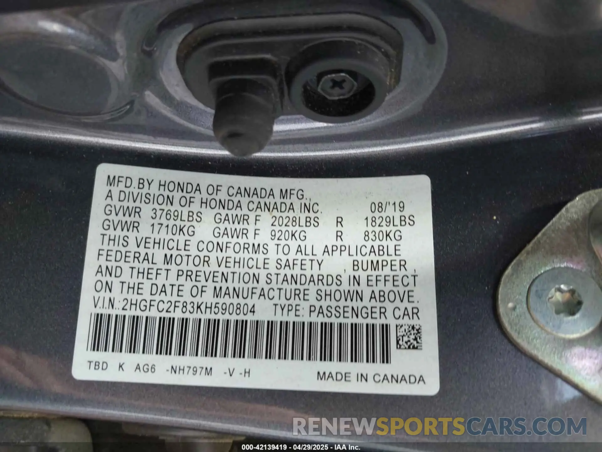 9 Photograph of a damaged car 2HGFC2F83KH590804 HONDA CIVIC 2019