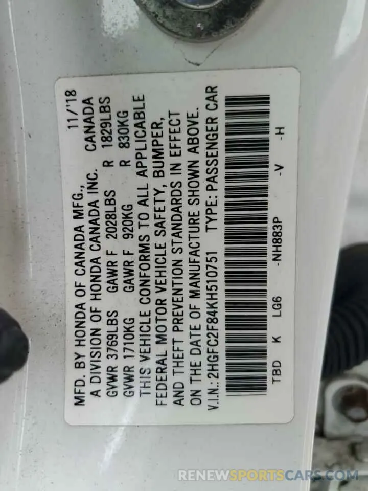 13 Photograph of a damaged car 2HGFC2F84KH510751 HONDA CIVIC 2019