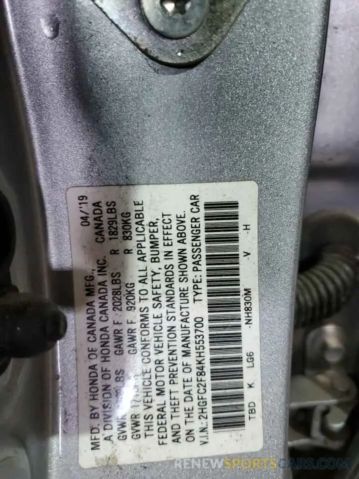 13 Photograph of a damaged car 2HGFC2F84KH553700 HONDA CIVIC 2019