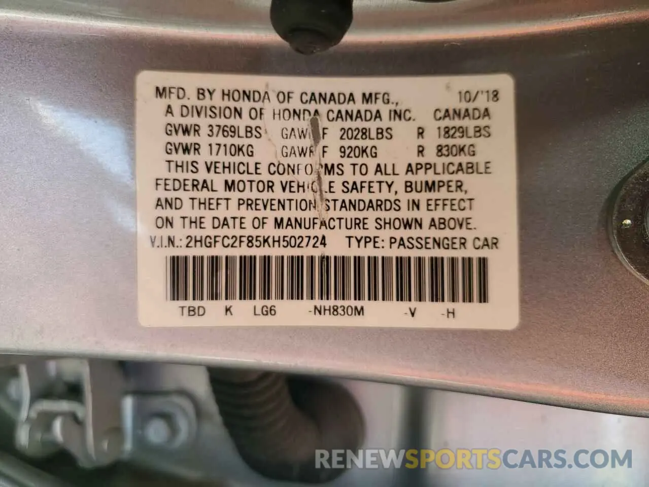 13 Photograph of a damaged car 2HGFC2F85KH502724 HONDA CIVIC 2019