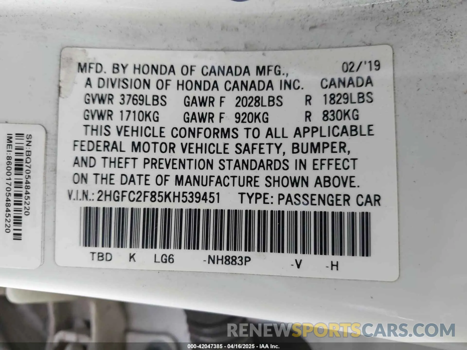 9 Photograph of a damaged car 2HGFC2F85KH539451 HONDA CIVIC 2019