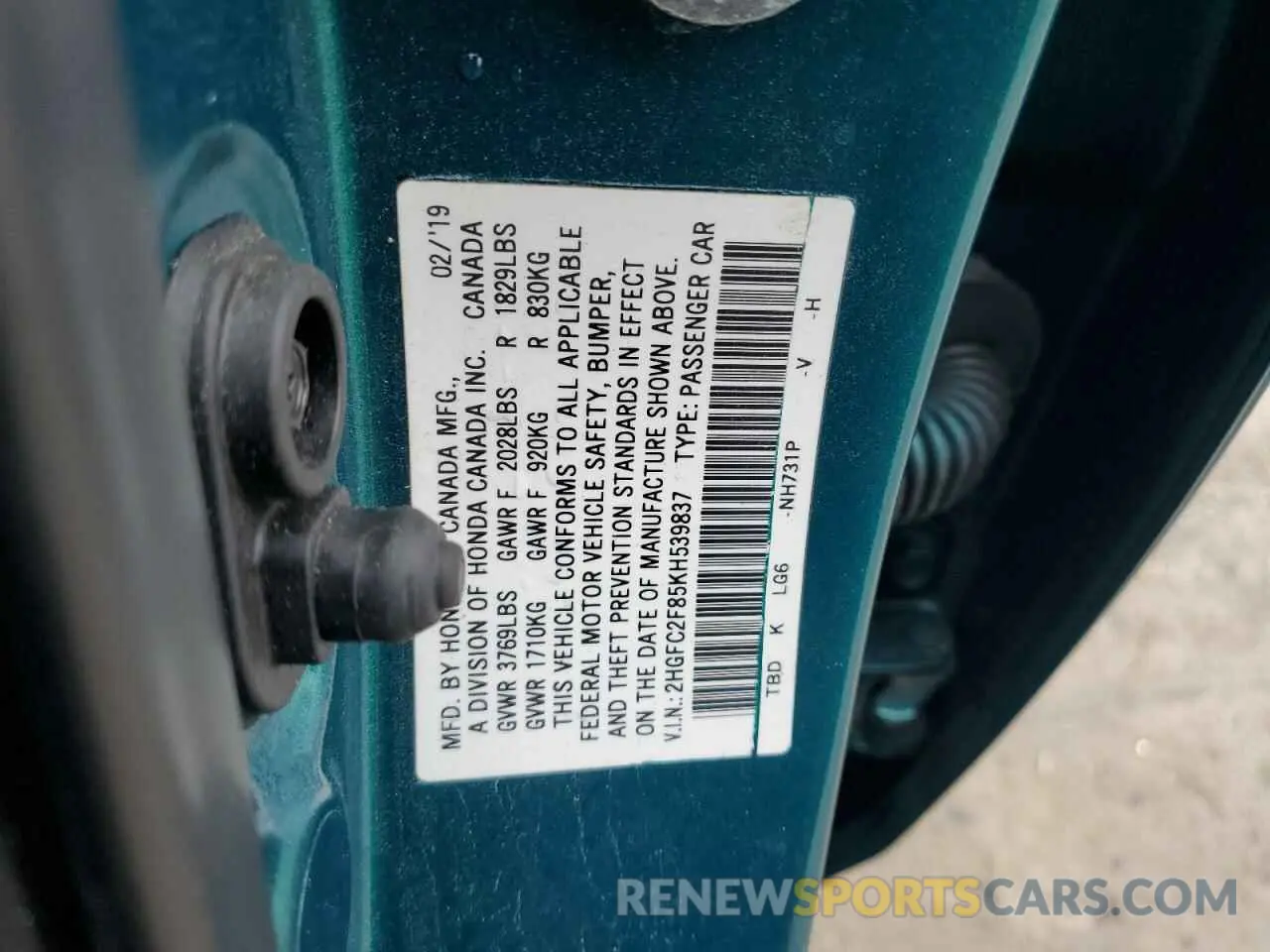 13 Photograph of a damaged car 2HGFC2F85KH539837 HONDA CIVIC 2019