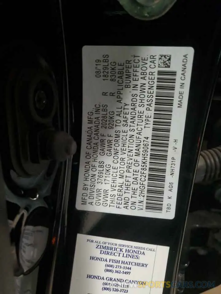 12 Photograph of a damaged car 2HGFC2F85KH590674 HONDA CIVIC 2019