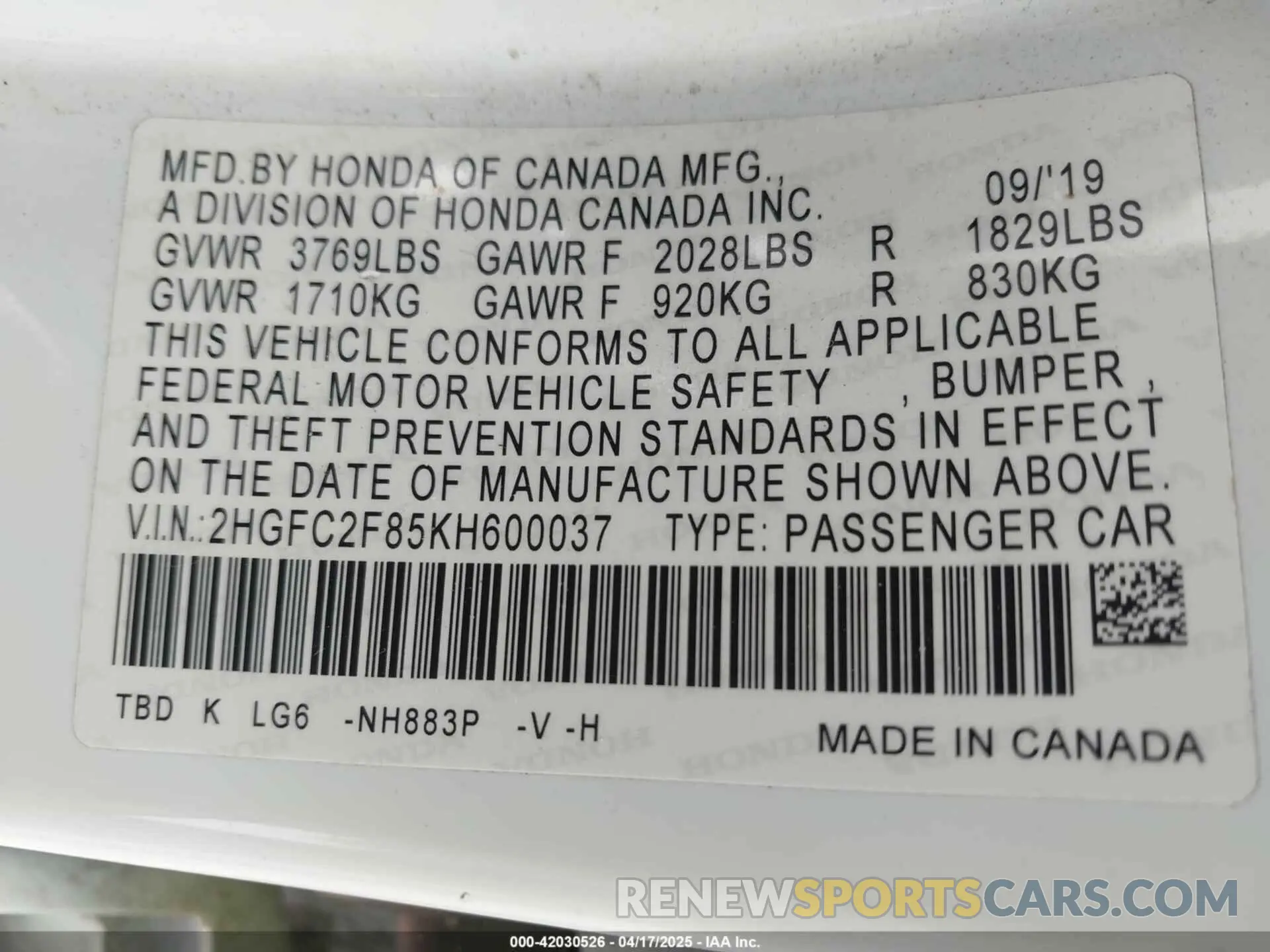 9 Photograph of a damaged car 2HGFC2F85KH600037 HONDA CIVIC 2019