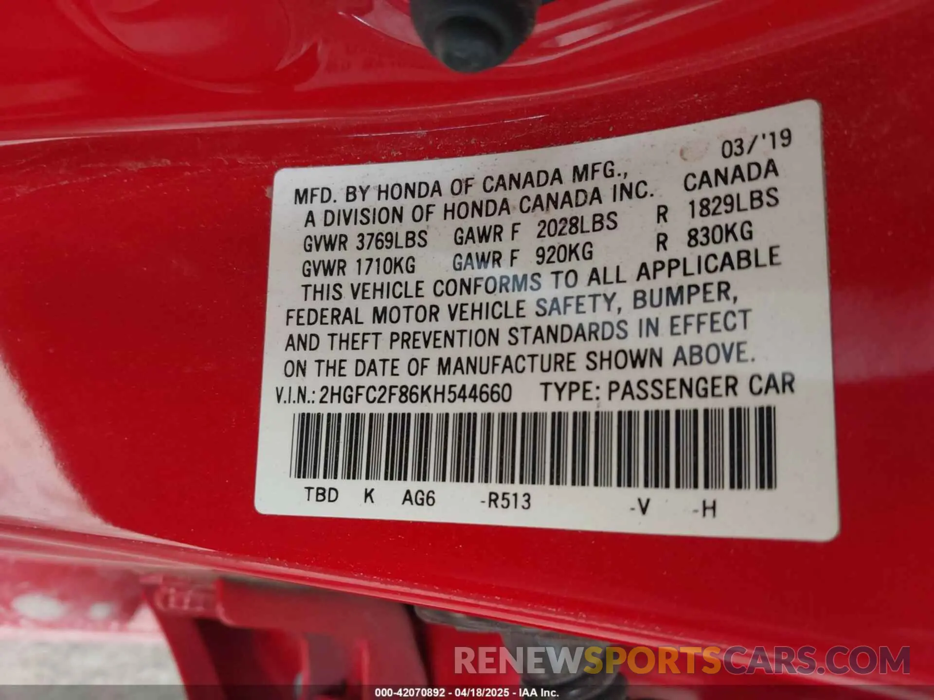 9 Photograph of a damaged car 2HGFC2F86KH544660 HONDA CIVIC 2019